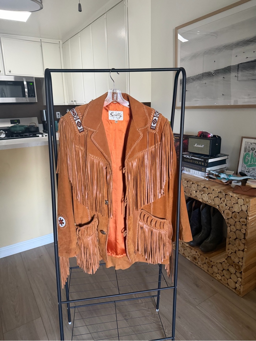 Scully Vintage Western Suede Fringe Beaded Jacket Tan Size 40